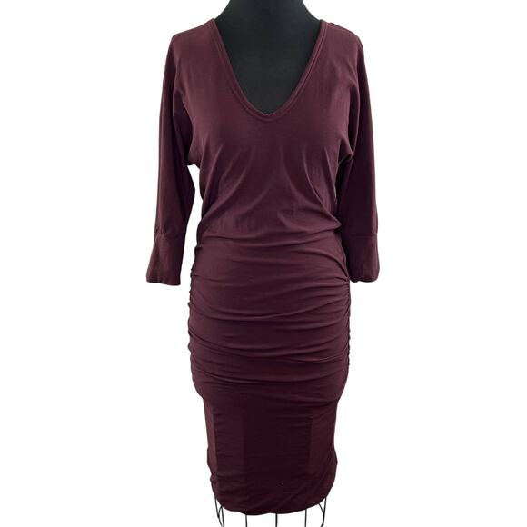 NWT James Perse Deep V Dress Ruched Side Napa Burgundy Size 2 (M) $225 NEW - Picture 1 of 6